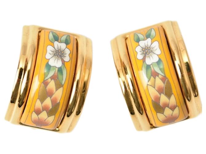 Hermès Hermes Gold Enamel Cloisonné Flower Motif Clip Earrings Golden Yellow  ref.1510746