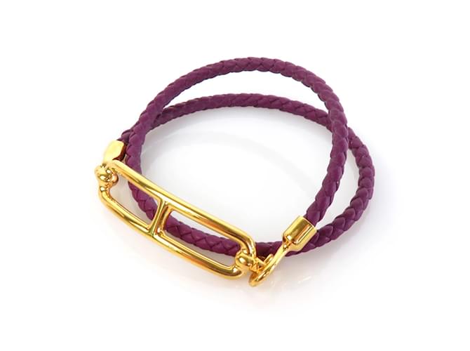 Hermès Pulseira charm de dupla volta Hermes Ruri Dourado Roxo Couro Metal  ref.1511216