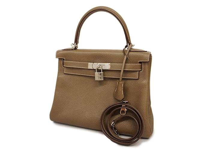 Hermès Bolsa Hermes Kelly 28 A em Taurillon Clemence gravado Etoupe Taupe Couro  ref.1511735