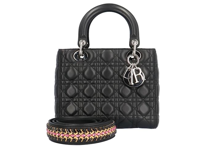 Sac à épaule Lady Medium Christian Dior Cuir Noir  ref.1511785