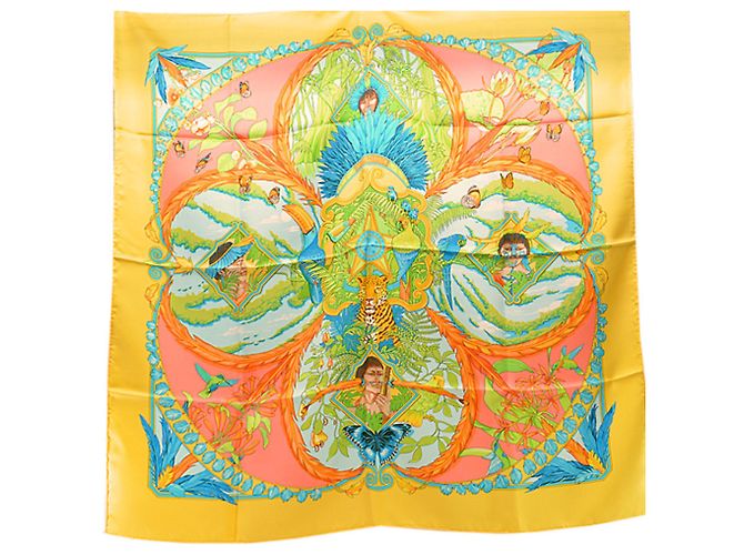 Lenço de seda Hermès Carré 90 Amazonia Azul Multicor Laranja