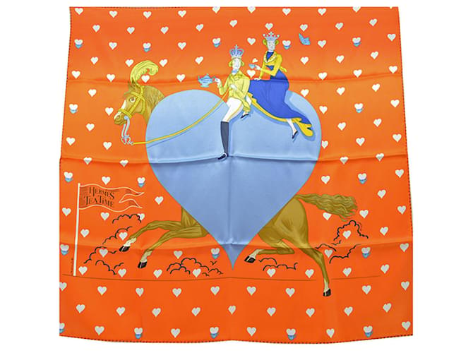 Hermès Foulard HERMES Carre 70 Tea Time Soie Bleu Multicolore Orange  ref.1513262