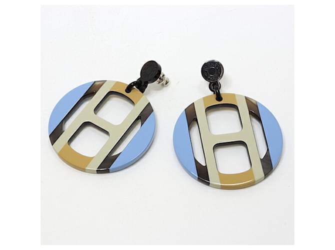 Boucles d'oreilles Drop H Equipe d'Hermès Vernis Bleu Beige  ref.1513604