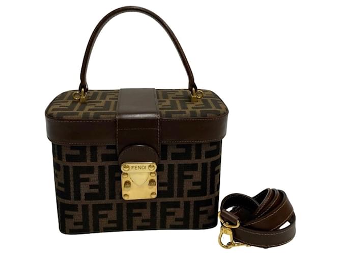 Fendi Zucca Pattern Vanity Bag Brown Black Leather Cloth  ref.1514261