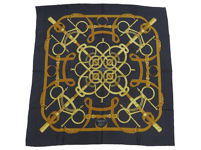 Hermès Écharpe Hermes Carre 90 Eperon d'or Soie Noir Doré  ref.1514609
