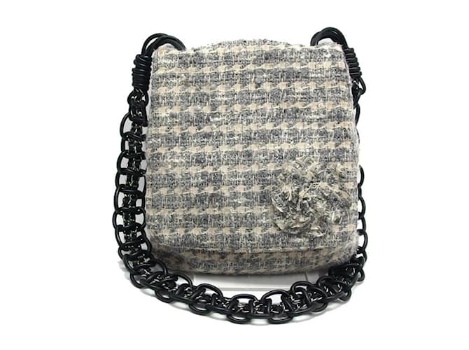 Autre Marque Chenel Tweed Chain Shoulder Bag Camellia Black White Grey  ref.1514735