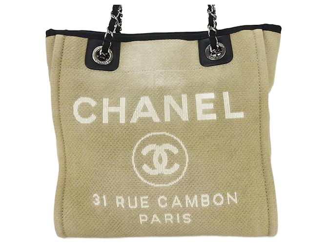 Sac tote Chanel PM Chaîne Deauville Cuir Toile Noir Beige  ref.1515016