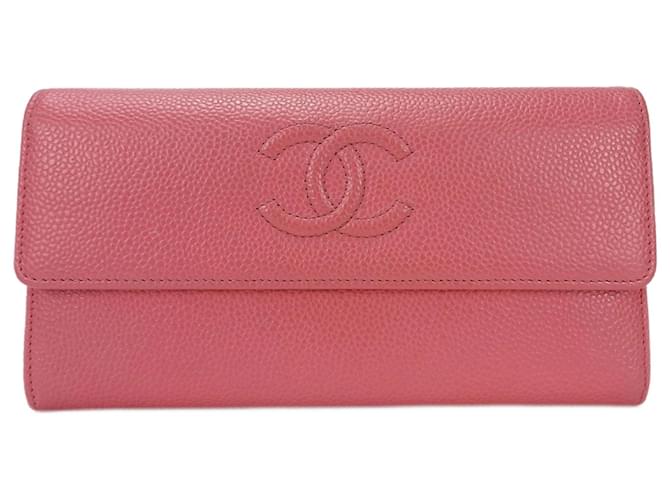 Portefeuille long en cuir caviar rose Chanel  ref.1515021