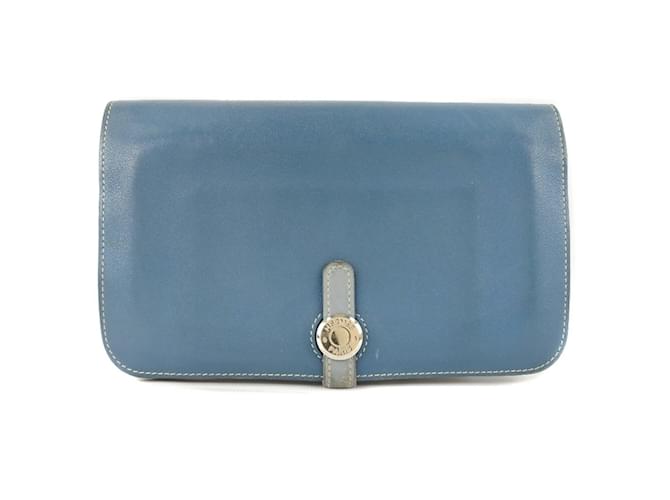 Hermès Hermes Dogon Kalb Blau Lange Brieftasche Leder  ref.1515277