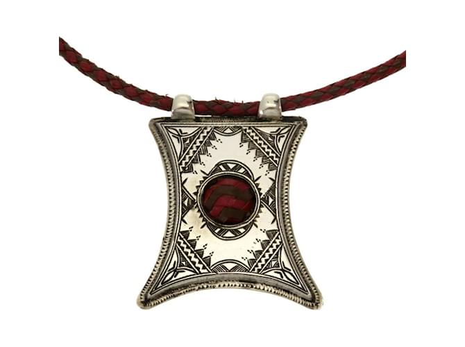 Hermès Hermes Tuareg Leather Silver Necklace Brown Silvery Dark red  ref.1515351