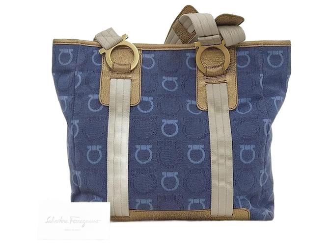 Sac à main Gancini de Salvatore Ferragamo Cuir Toile Bleu Doré  ref.1515399