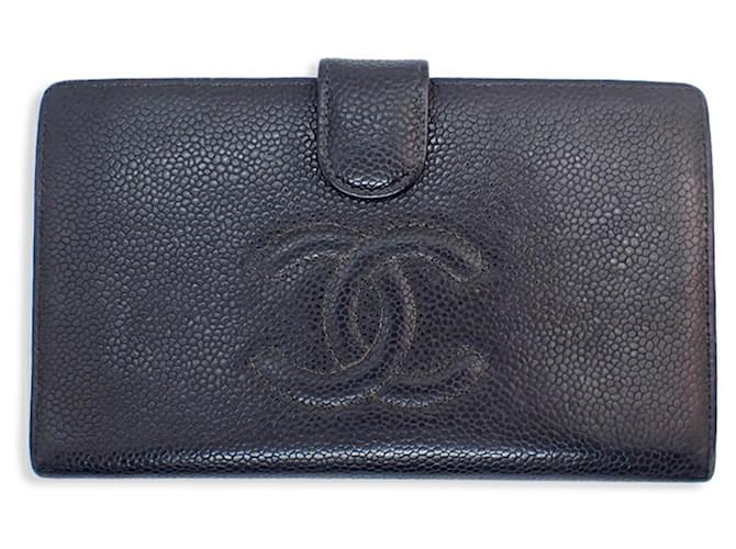 Portefeuille long en cuir caviar Chanel Noir Doré  ref.1515520