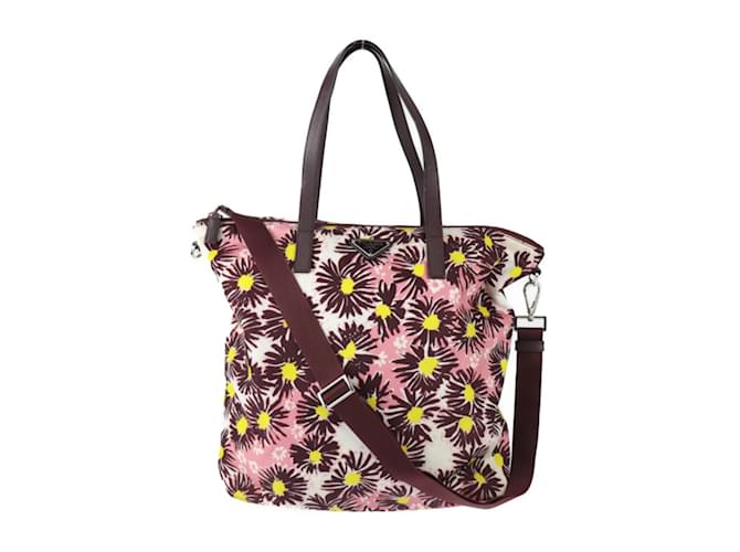 Tote Sac fourre-tout Prada B4696F Cuir Nylon Rose Multicolore Bordeaux  ref.1515533