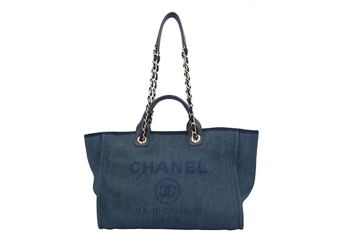 Bolso de Hombro Chanel Deauville GM Azul marino Paja  ref.1515550