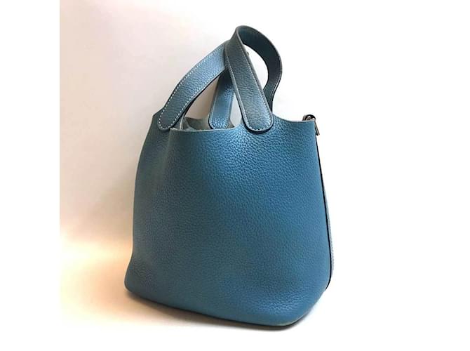 Hermès Bolsa Hermes Picotin Lock PM em Blue Jean Couro  ref.1515683