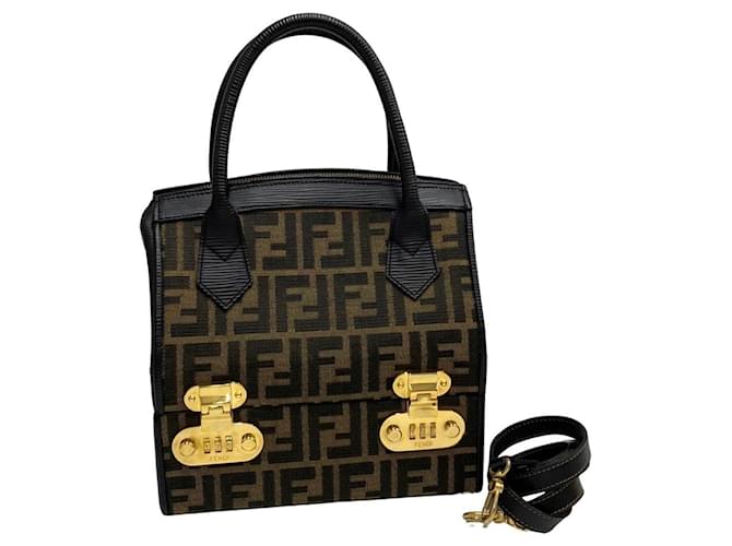 Bolsa de mão de couro e lona com logo FF Zucca da Fendi Marrom Preto  ref.1515732