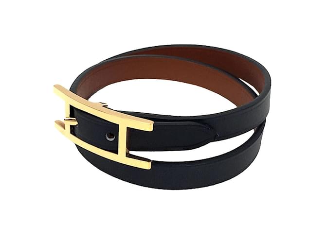 Hermès Bracelet en cuir HERMES Behapi Double Tour T2 Marron Noir Doré  ref.1515813