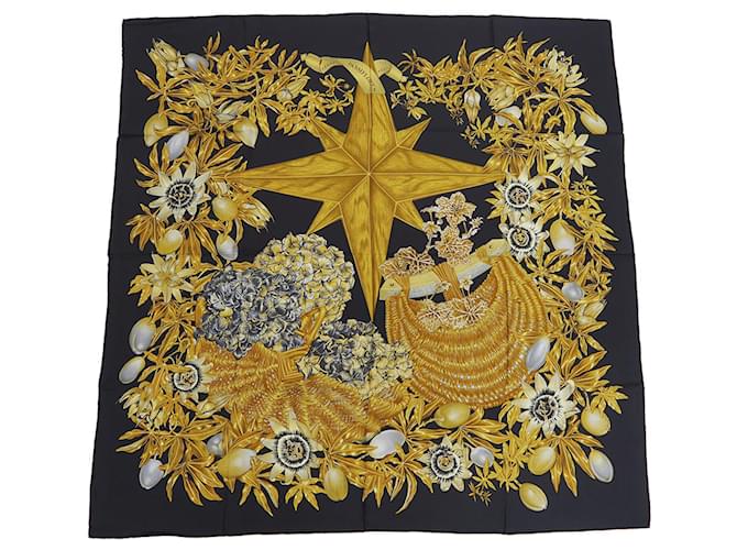 Écharpe Passiflores Carre 90 d'Hermès Soie Noir Doré  ref.1516935