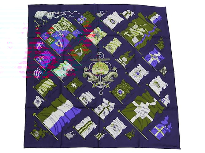 Silk In Hermès Hermes Carre 90 PAVOIS Flag Navy Scarf Navy blue  ref.1516937