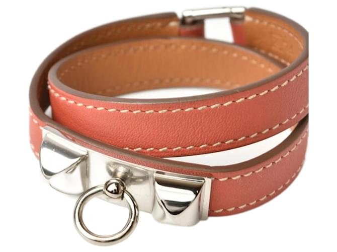 Bracelet jonc Medor d'Hermès Cuir Marron Rose  ref.1517221