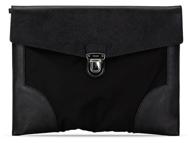 Black Prada Saffiano Trimmed Tessuto Clutch Leather  ref.1517288