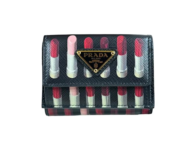 Prada Saffiano Lipstick Pattern Tri fold Wallet Black Multiple colors Leather ref.1517676 Joli Closet