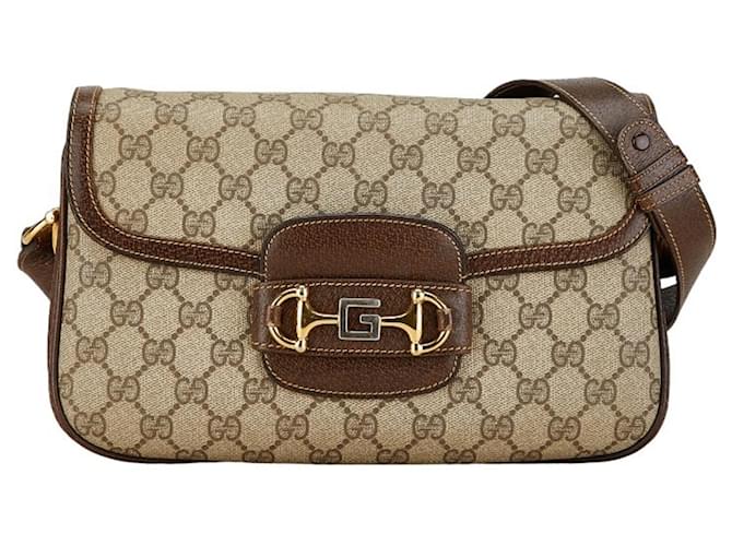 Gucci Old GG Supreme Horsebit Shoulder Bag Brown Beige Leather Plastic  ref.1520460