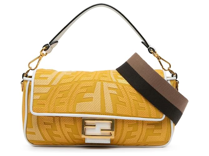 Yellow Fendi Sarah Coleman FF Canvas Fisheye  Baguette Satchel Leather  ref.1520782