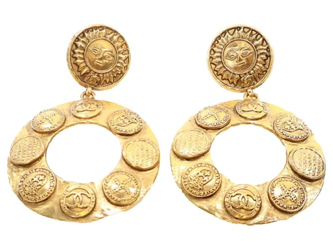 Gold Chanel Gold Plated Sun Coin Medallion Motif Hoop Drop Earrings Golden Gold-plated  ref.1520901