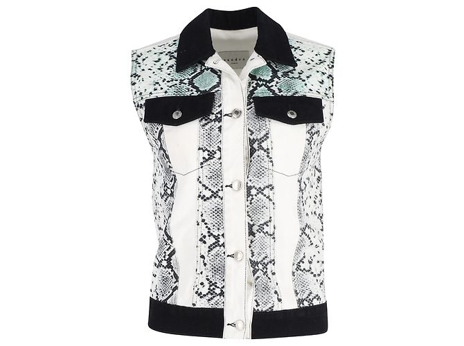 Sandro Paris  Snake Print Vest in White Cotton Denim