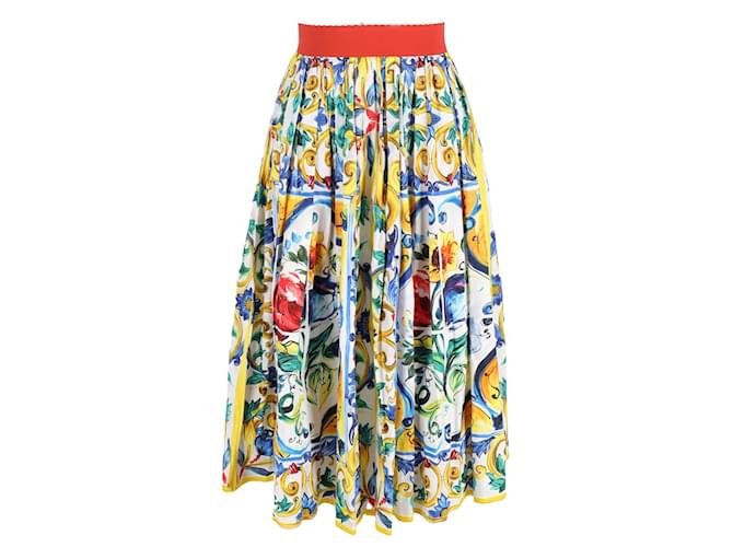 Falda midi plisada con estampado de majólica multicolor en algodón de Dolce & Gabbana  ref.1521278