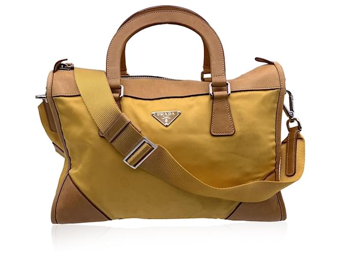 Double Prada Yellow Nylon and Leather Satchel Bag Handbag with Strap Cloth  ref.1521289