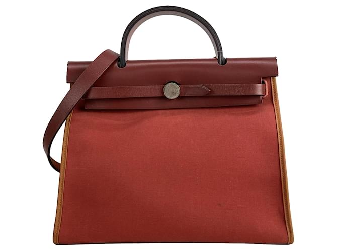 Hermès Red Toile Herbag Zip 31 Dark red Pony-style calfskin Cloth  ref.1522175