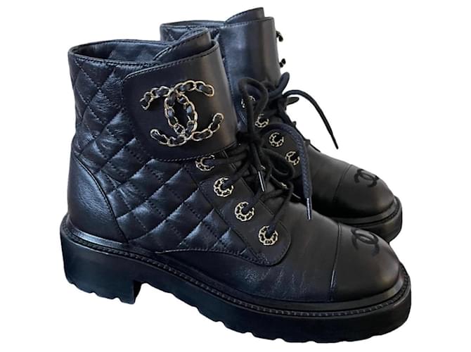 Cambon Chanel Bottes de motard Cuir Noir  ref.1523133