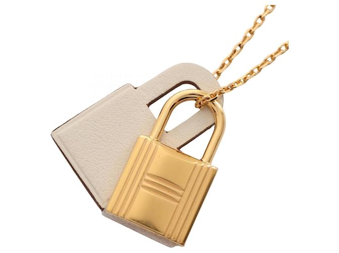 Collier HERMES O'Kelly d'Hermès Cuir Plaqué or Blanc Doré  ref.1523608