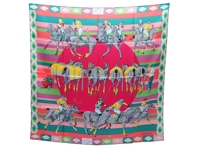 Hermès Hermes Carré 90 LES PONEYS DE POLO Scarf Pink Multiple colors Green Silk  ref.1523633