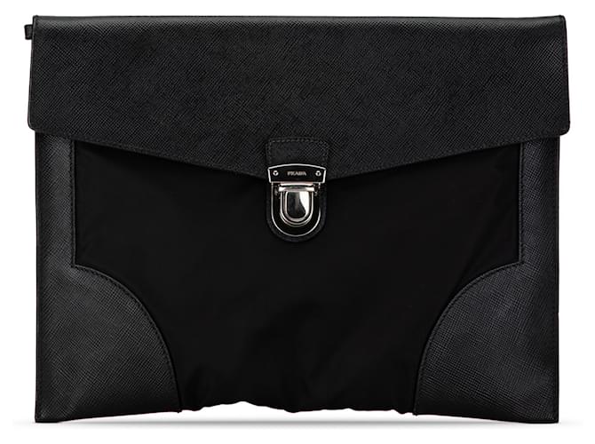 Prada Black Saffiano Trimmed Tessuto Clutch Leather Nylon Cloth  ref.1523896