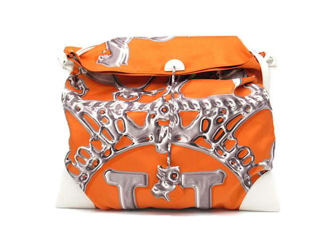 Sac à épaule Hermès Silky City GM Cuir Soie Blanc Orange  ref.1523925