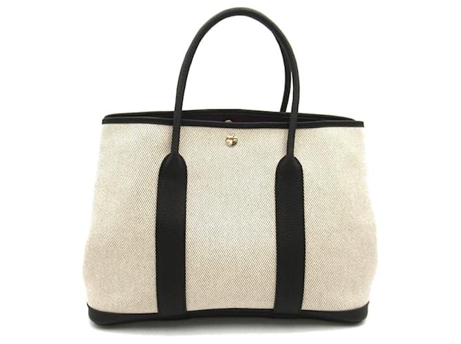 Hermès Sac à main Hermes Garden 36 PM Cuir Tissu Noir Beige  ref.1523957