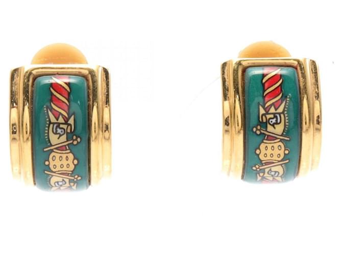 Hermès Hermes Gold and Green Cloisonné Clip Earrings Multiple colors Golden Gold-plated Enamel  ref.1524130