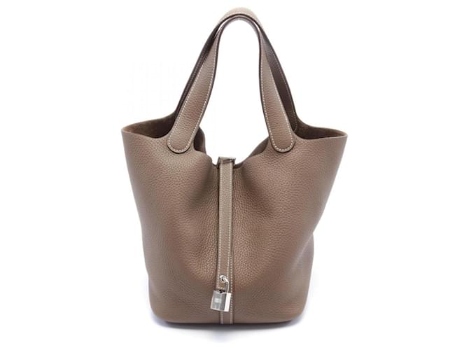 Hermès Bolso Hermes Picotin Lock MM Beige Gris pardo Cuero  ref.1524584