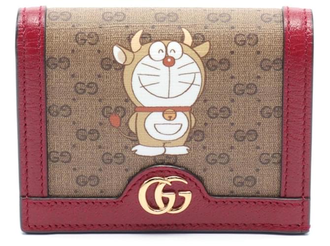 GUCCI x Doraemon Carteira Bi-fold GG Supreme Marrom Vermelho Couro Lona  ref.1525197