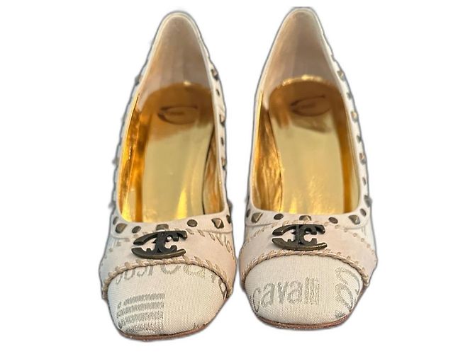 Saltos Just Cavalli em couro e tecido creme