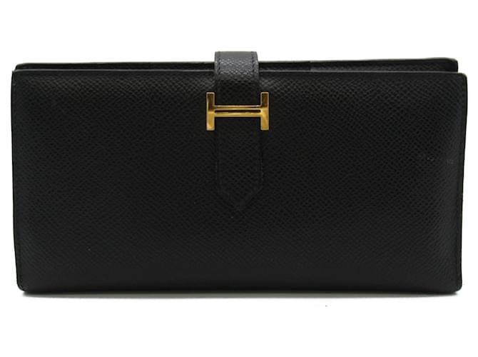 Hermès Carteira longa dobrável bi-fold Hermes Bearn Soufflet preta Preto Couro  ref.1525236