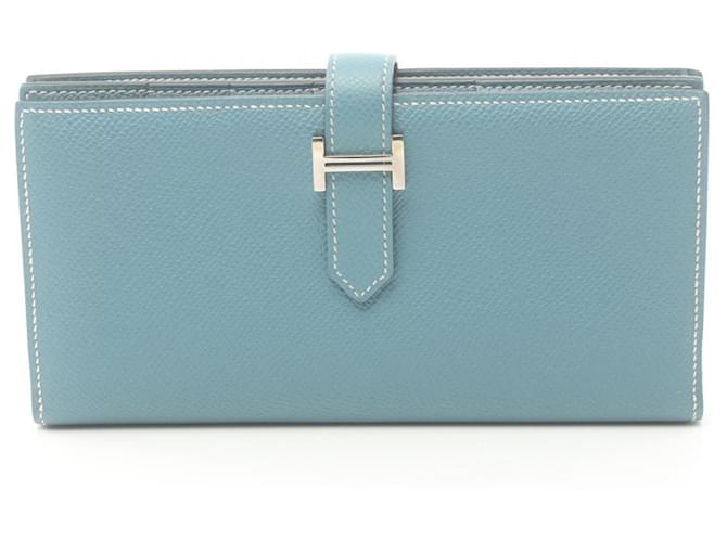 Cartera larga bi-fold Soufflet Bearn de Hermès Azul Cuero  ref.1525238