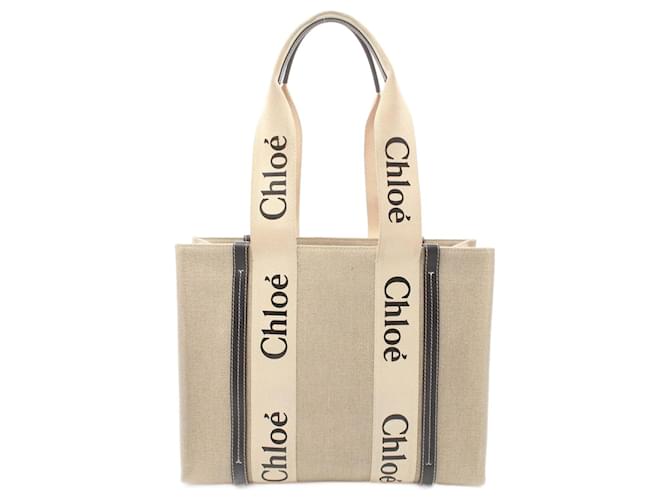 Chloé WOODY Sac Tote Moyen Cuir Toile Beige Bleu Marine  ref.1525403