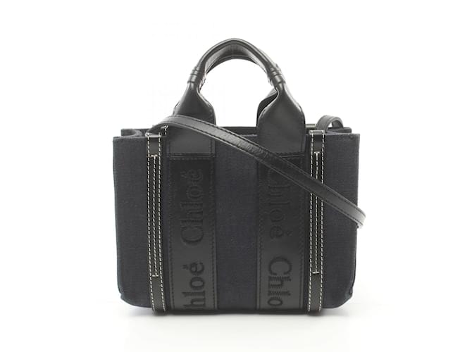 Chloé WOODY Handbag Black Navy blue Leather Cloth  ref.1525458