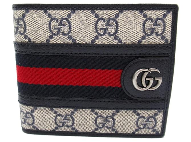 Billetera bi-fold Gucci en lona recubierta Beige Azul marino Lienzo  ref.1525505