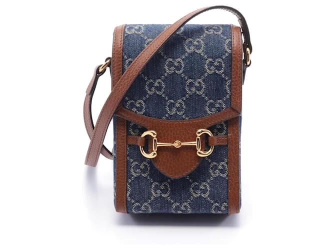 Gucci Horsebit 1955 Denim Shoulder Bag Brown Navy blue Leather  ref.1525515