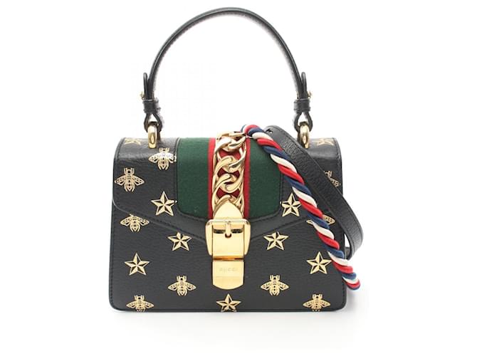 Bolsa Gucci Sylvie Sherry Line Preto Multicor Couro  ref.1525543